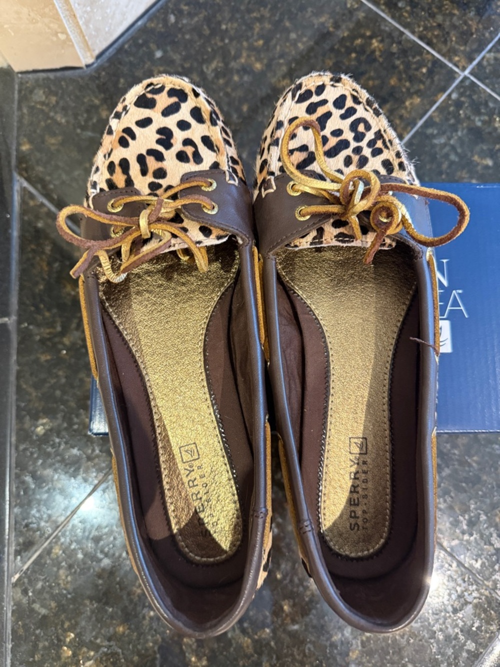 Sperry Leopard Print Pony Hair Moccasins with Brown Trim - Picture 4 of 5
